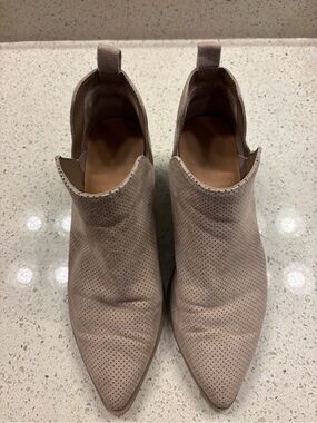 Perforated Pointed-Toe Ankle Booties — Taupe